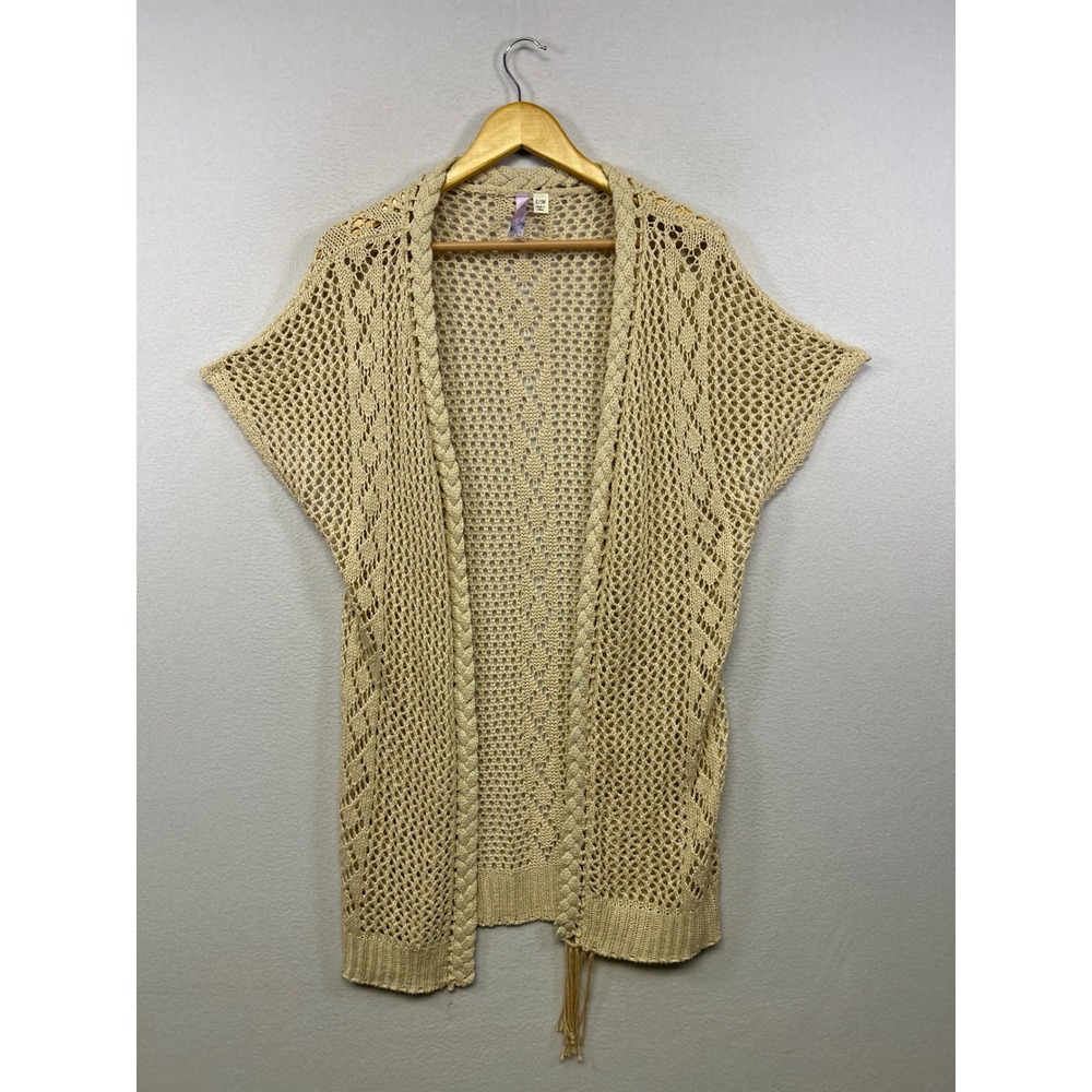 Alia Boho Coastal Grandma Women S/M Beige Open Knit Crochet Cardigan 15-1851